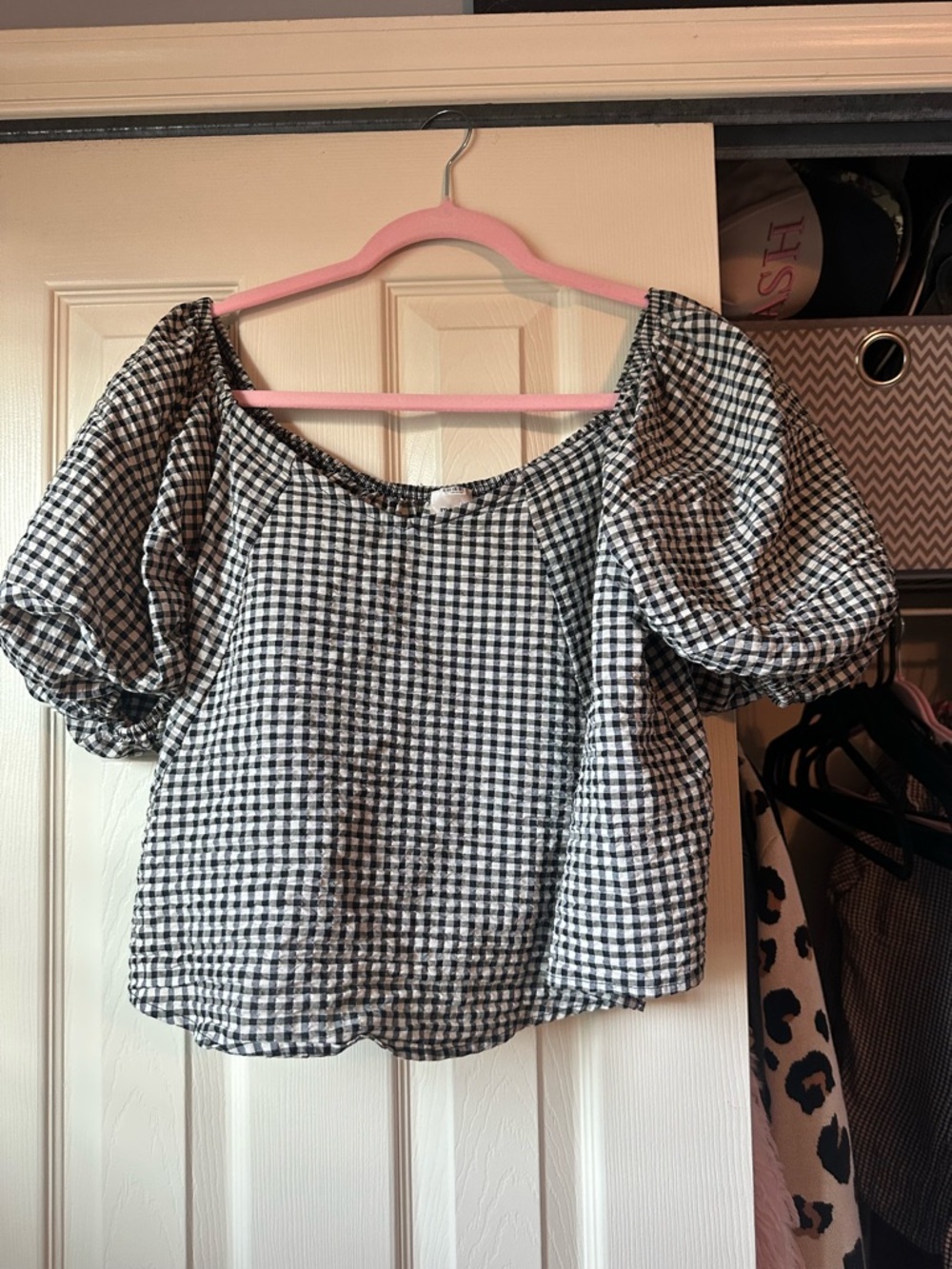 Maeve Black and White Gingham Puff-Sleeve Blouse